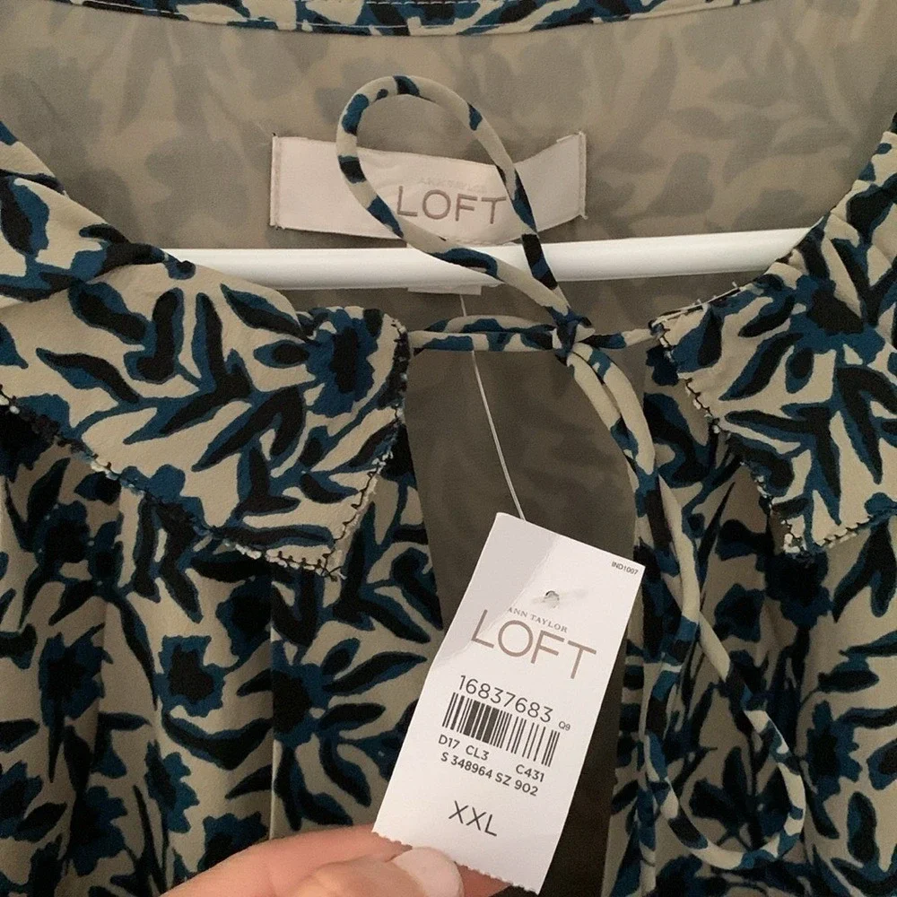 Loft Blue &‎ Tan Floral Short Sleeve Dress- Size XXL tie neck midi NWT